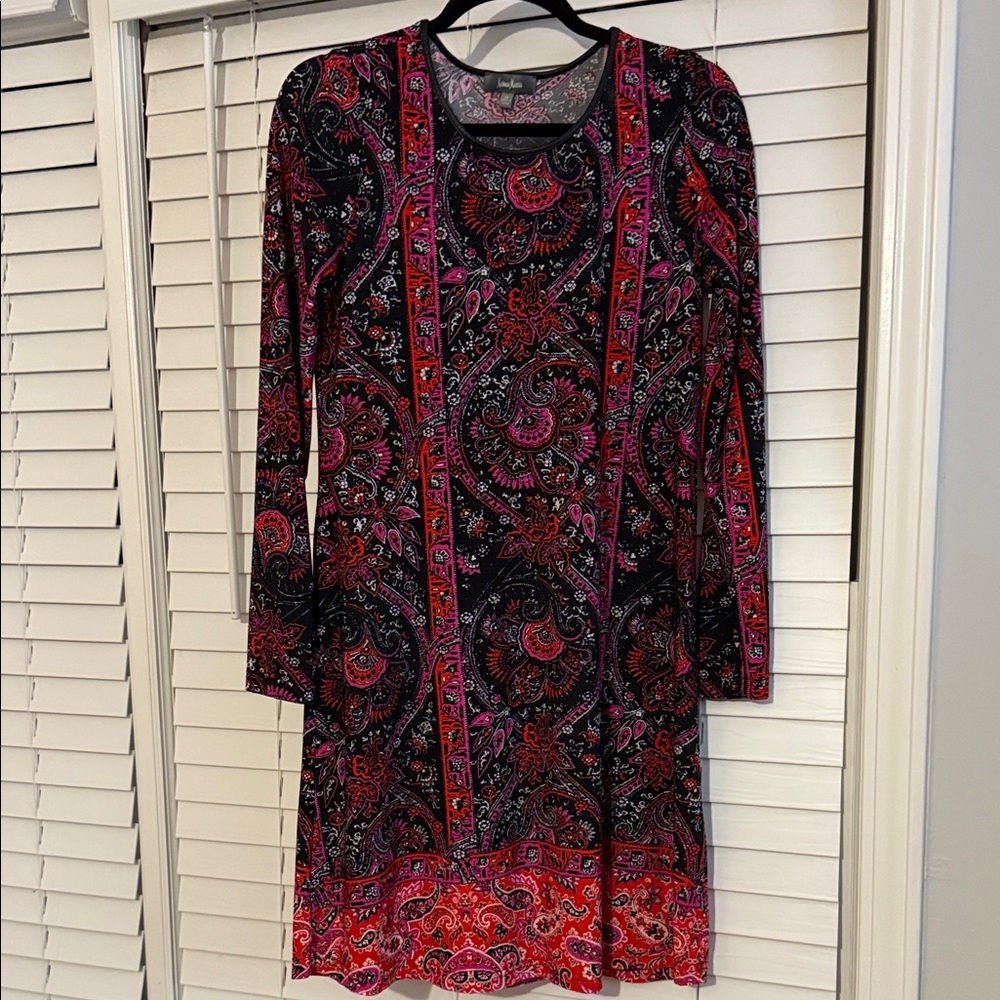 Neiman Marcus Vibrant Paisley Long Sleeve Dress